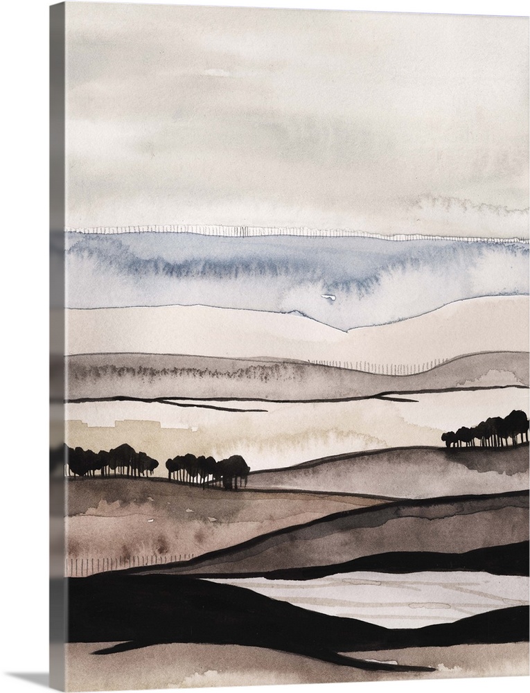 Contemporary watercolor abstract painting showing layers of wavy lines resembling a hilly landscape.