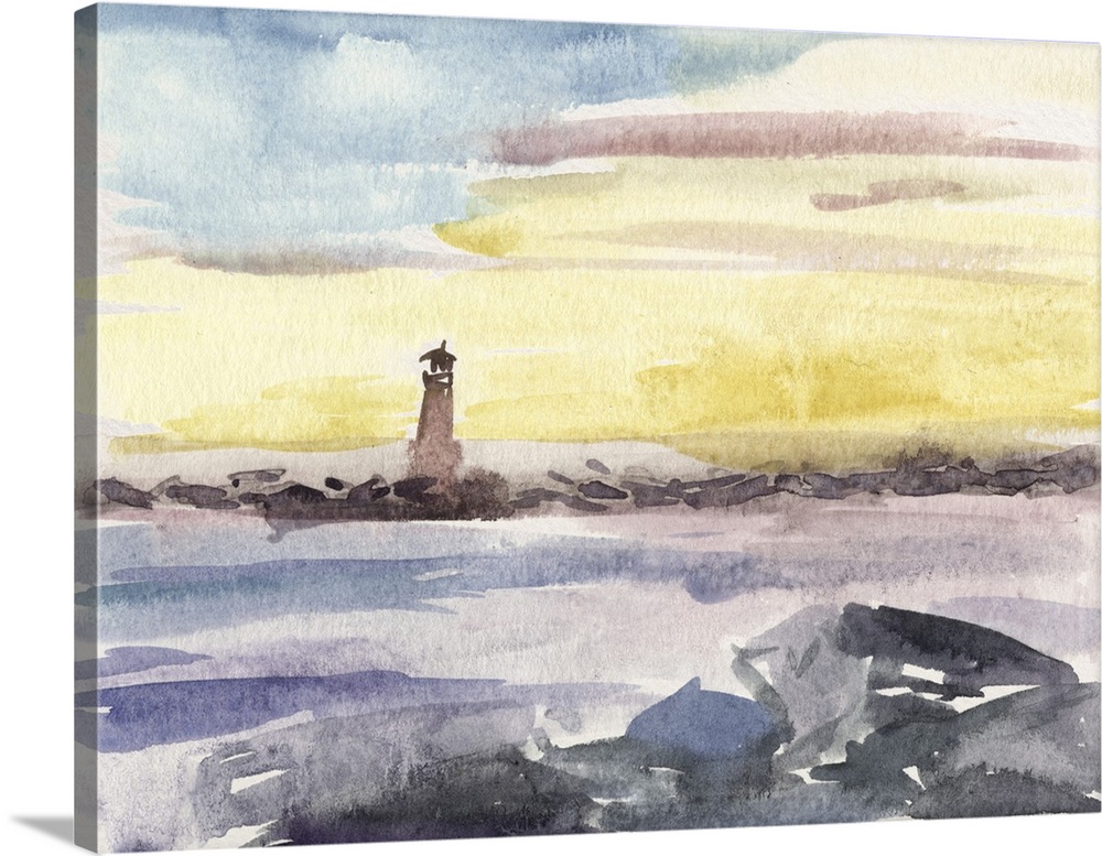 Contemporary watercolor landscape of the ocean and a lighthouse in the distance.