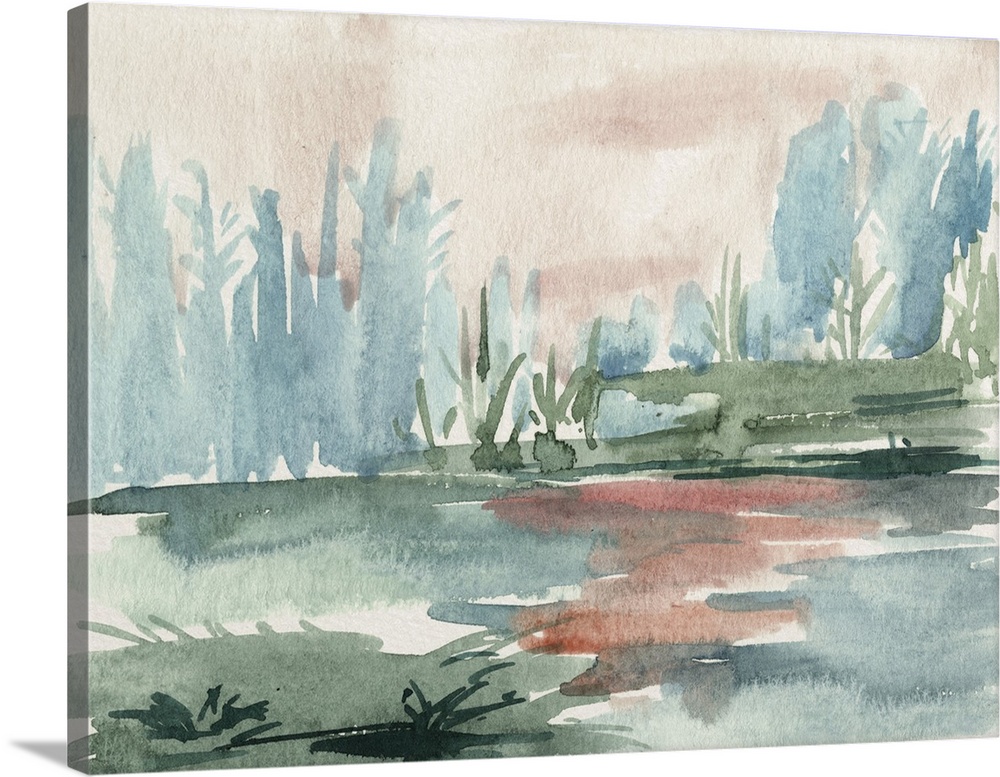 Contemporary watercolor landscape of a grassy area with a forest of trees in the distance.