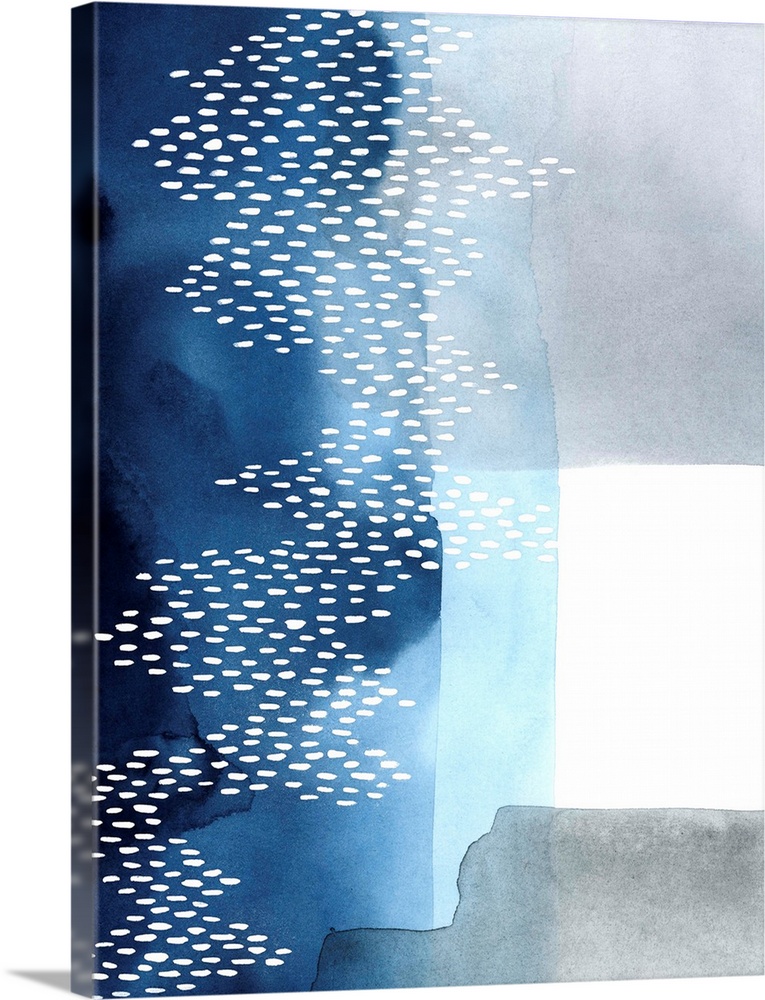 Abstract watercolor painting of blocks of blue and grey color with a white dot pattern.