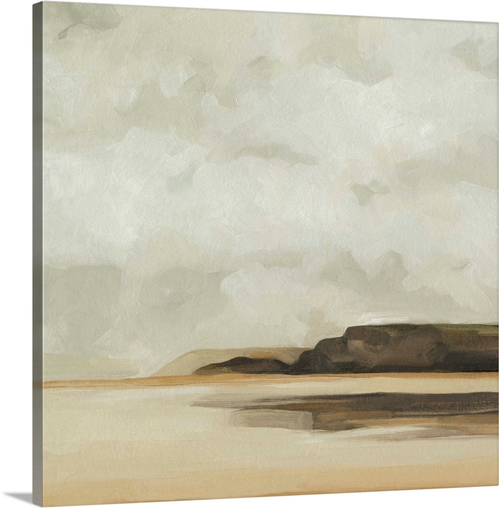 A simple, dreamy landscape featuring thick clouds over a headland bluff, in shades of warm browns and greys.