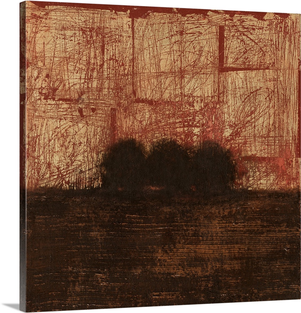 A contemporary abstract painting of a weathered and dark landscape.