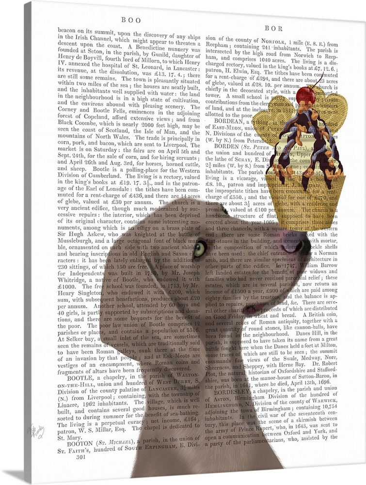 Decorative artwork of a Weimaraner balancing an ice cream sundae on its nose, painted on the page of a book.