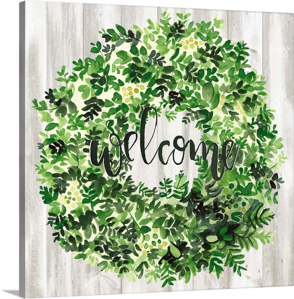 Watercolor wreath painting with script "Welcome" in center.