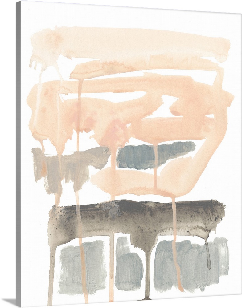 Contemporary abstract painting of soft pink and gray brush strokes and paint drips.