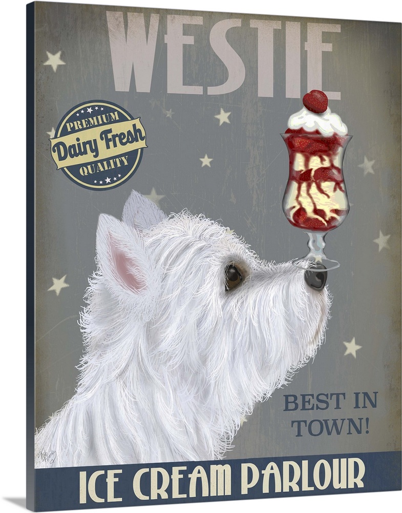 Decorative artwork of a Westie balancing an ice cream sundae on its nose in an advertisement for an ice cream parlour.