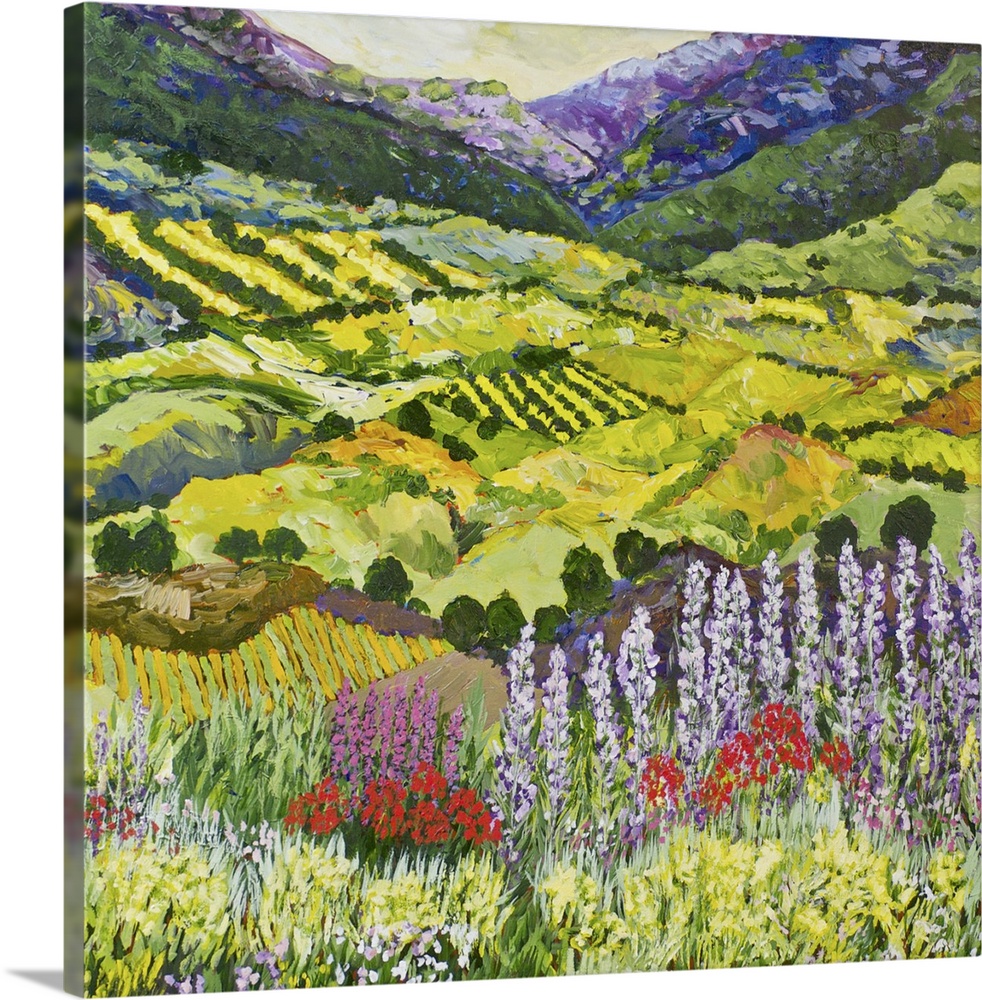 Contemporary painting of a country landscape with wildflowers in the foreground and farmland in the valley.