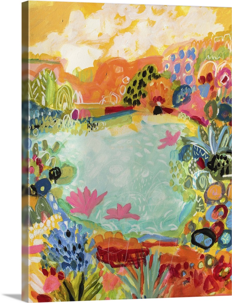 Contemporary artwork of flowers blooming around a tropical pond.