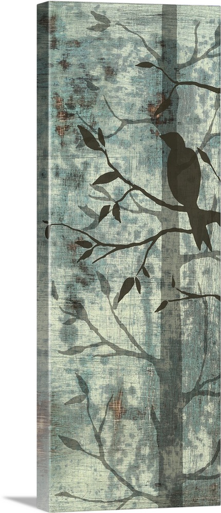 Artwork of silhouetted birds and trees against a pale teal background.
