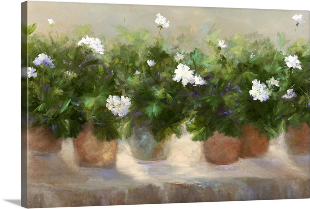 Contemporary painting of a row of clay pots filled with geraniums.