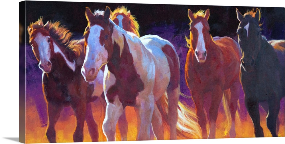 Contemporary painting of wild horses running with a dark purple and orange background.