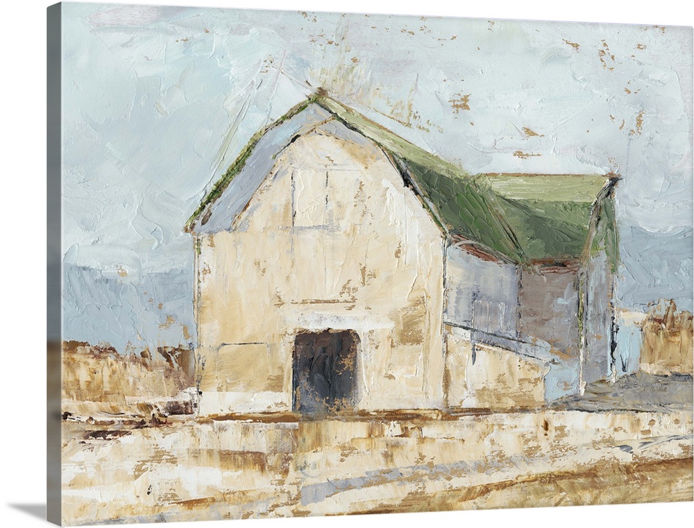 Contemporary painting of a white barn with a green roof in the countryside.