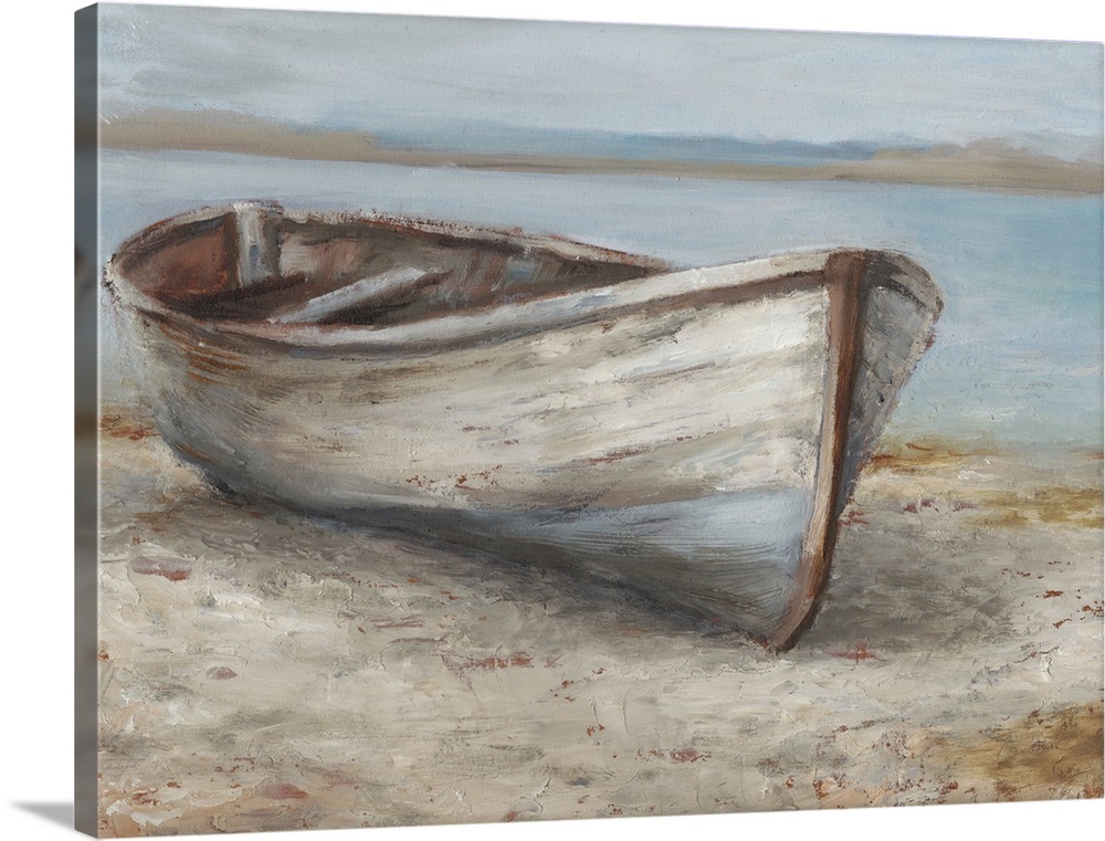 A tranquil, coastal scene of an old wooden rowboat pulled up onto the sand. It features neutral tones and a peaceful compo...
