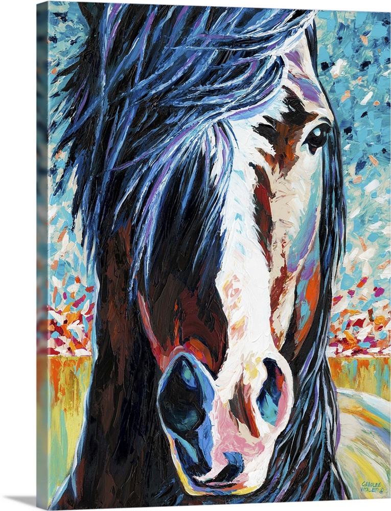 Contemporary portrait of a wild horse with a white blaze on its face.
