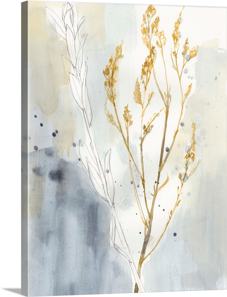 This contemporary artwork features gestural sketches and soft watercolors to illustrate stalks of grasses against a soft g...