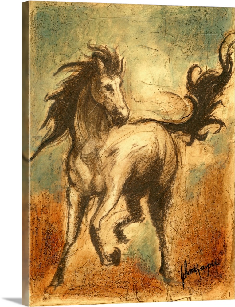 Contemporary illustration of horse galloping with its tail and mane wild in the wind.