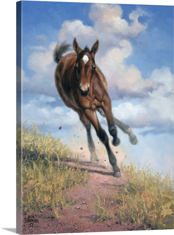 Lively brush strokes that create an active horse running through a trail against puffy white clouds in this contemporary a...