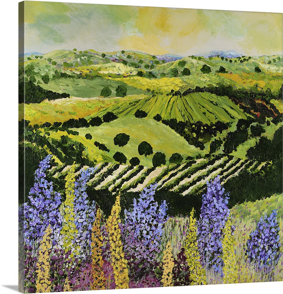 Contemporary painting of a country landscape with lilacs overlooking rows of crops and hilly farmland.