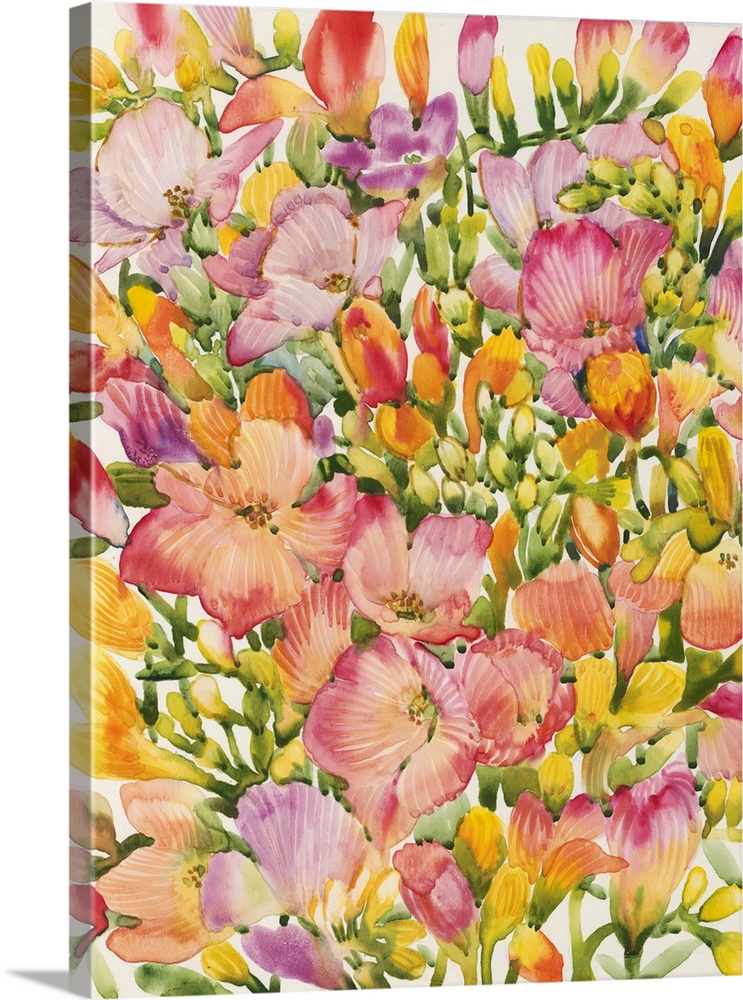 Vividly colored painting of wildflowers in yellow, pink, and lavender.