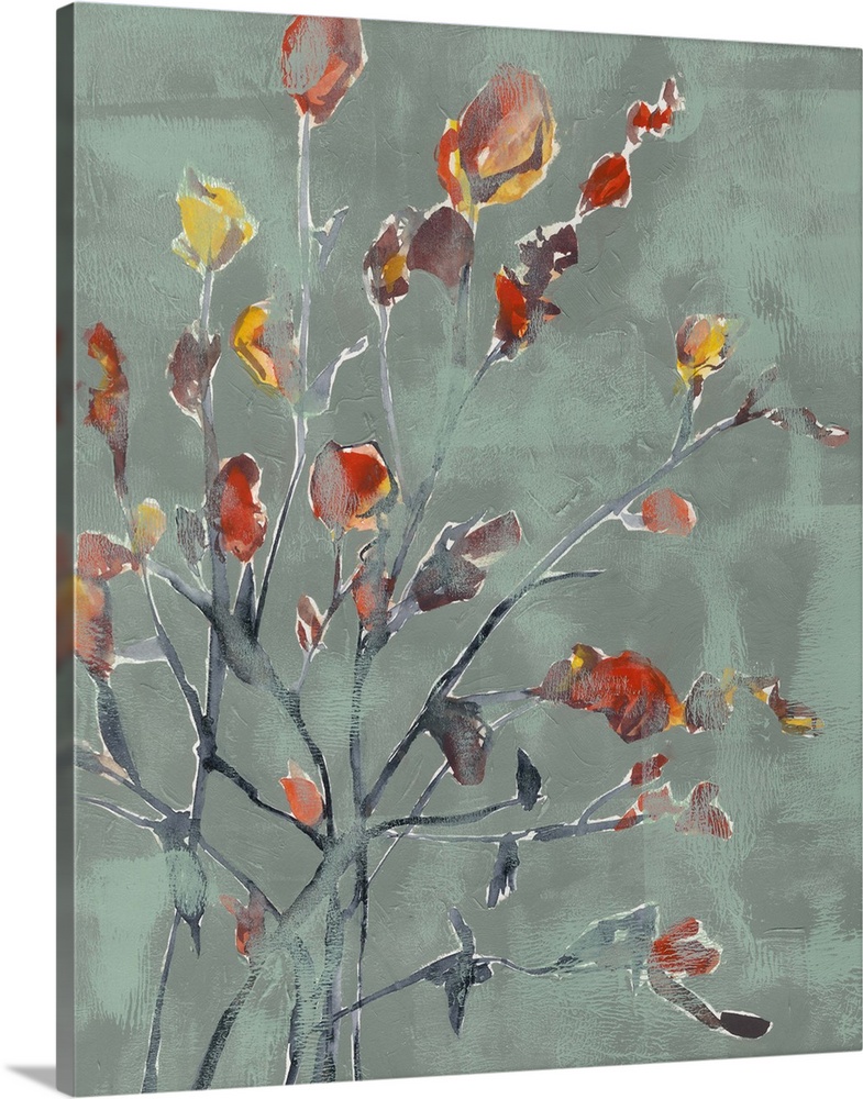Watercolor painting of warm toned flowers against a dark muted blue background.