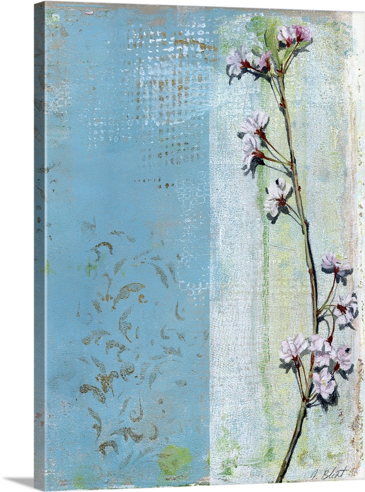 This contemporary artwork features a thin branch with blossoming flowers positioned over a varied colored background resem...