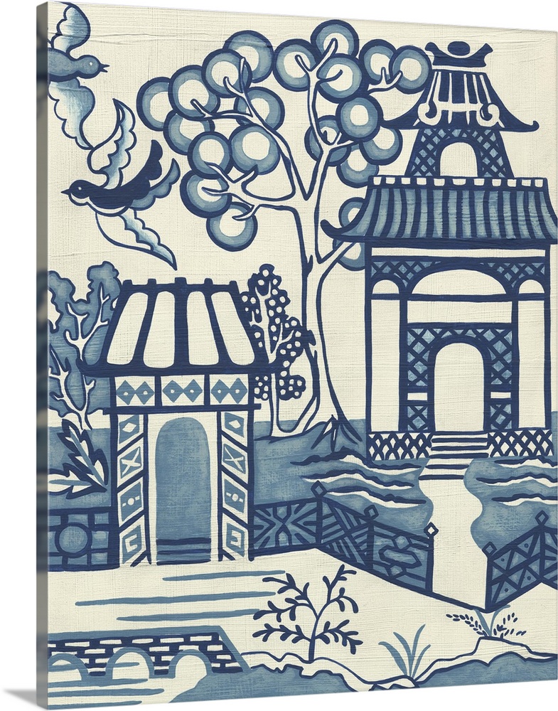 Asian-style painting of two temples and a tree.