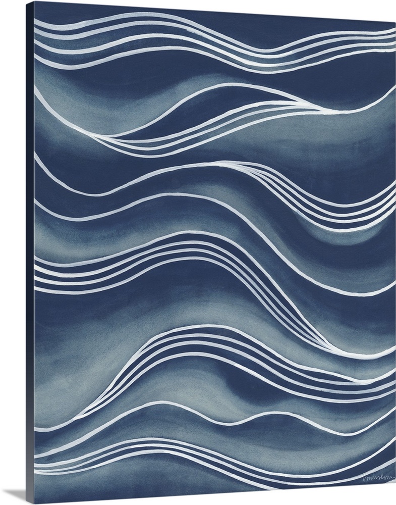 Wavy white lines over shades of blue create the illusion of rolling waves.