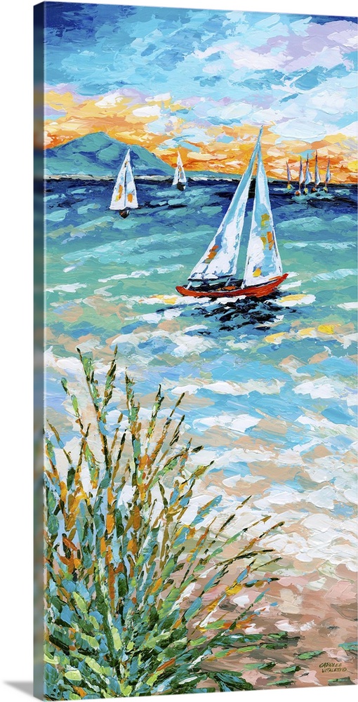 Contemporary ocean scene with three sailboats on the sea and beach grass on the shore.
