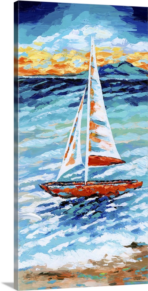 Contemporary ocean scene with a lone sailboat on the water near the coast.
