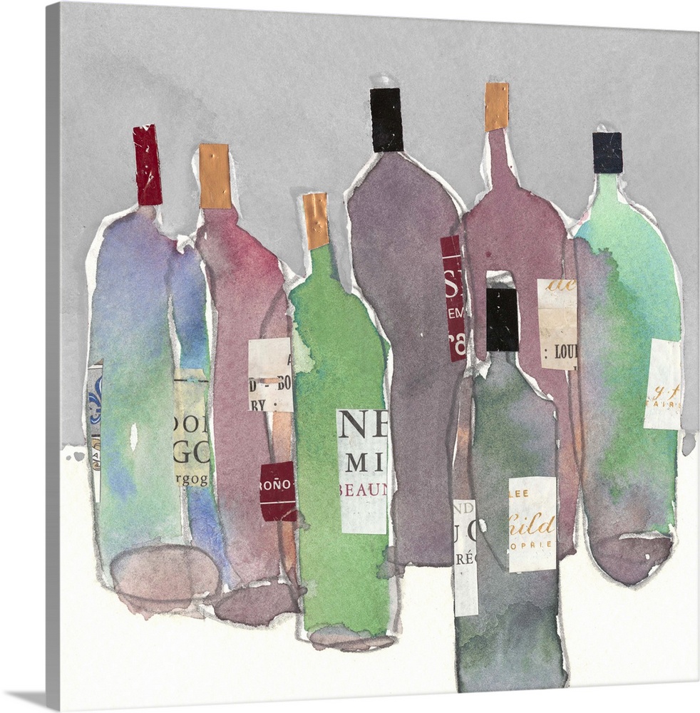 Watercolor painting of a collection of colorful wine bottles.