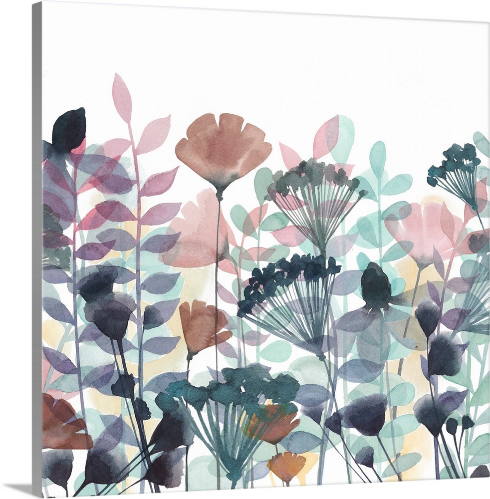 Watercolor painting of a line-up of multi-colored flowers against a white background.