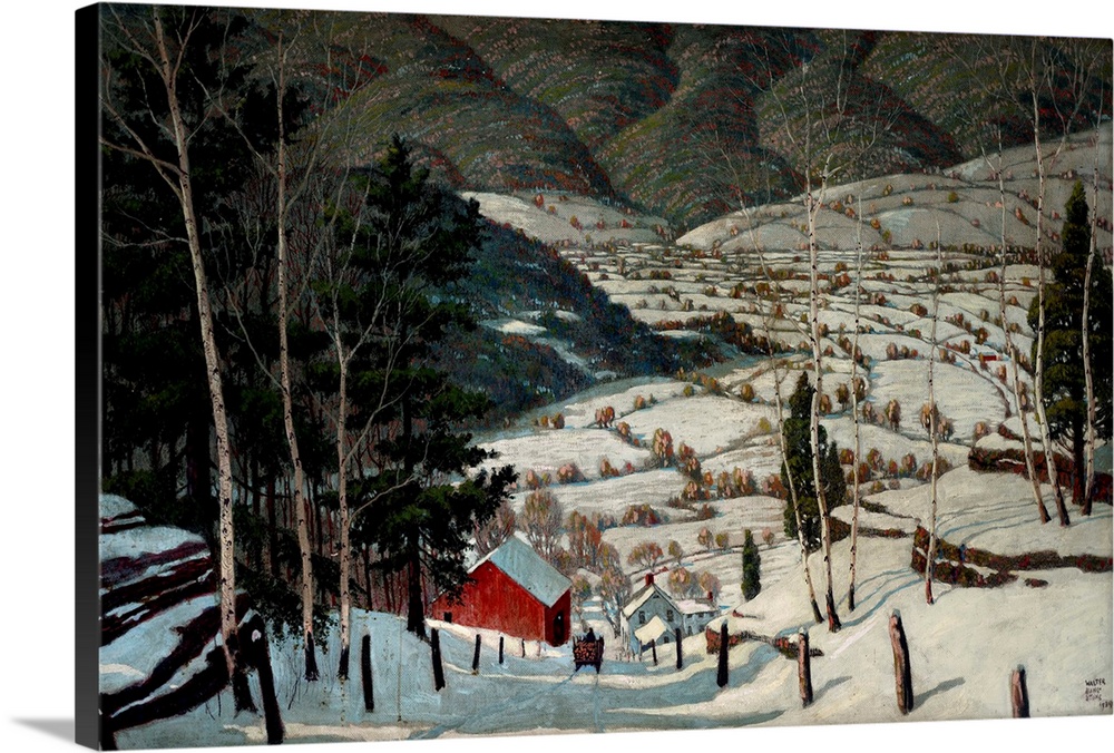 A contemporary painting of a village landscape in Winter.