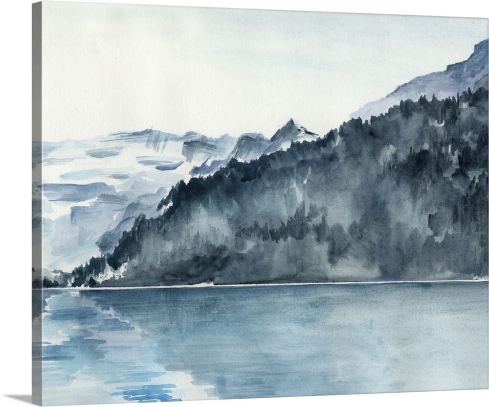 Watercolor painting of the beautiful Norwegian Fjords, with the mountains reflecting in the water.