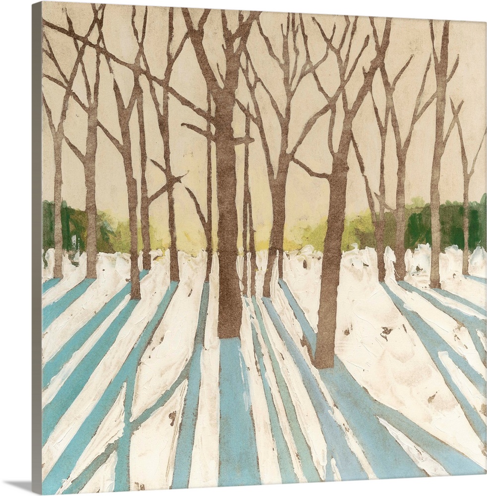 Contemporary painting of a winter snowscape with the shadows of the trees in the foreground.