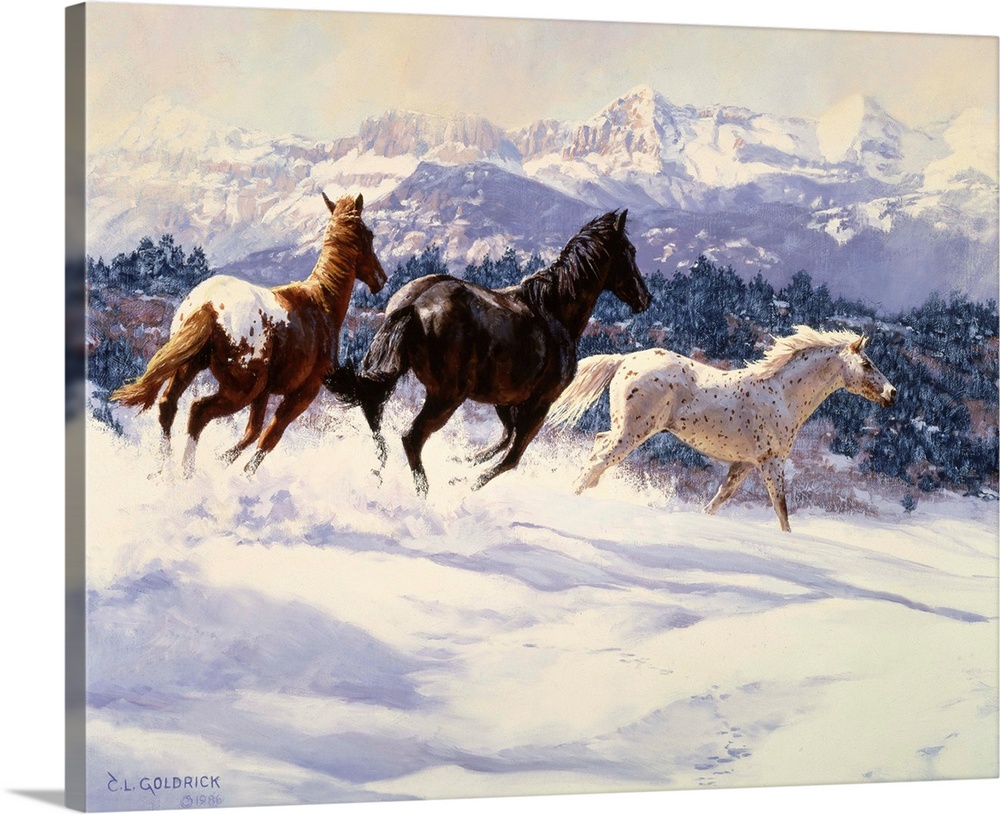 Contemporary colorful painting of a herd of horses running through a snowy meadow, with a mountain range in the background.
