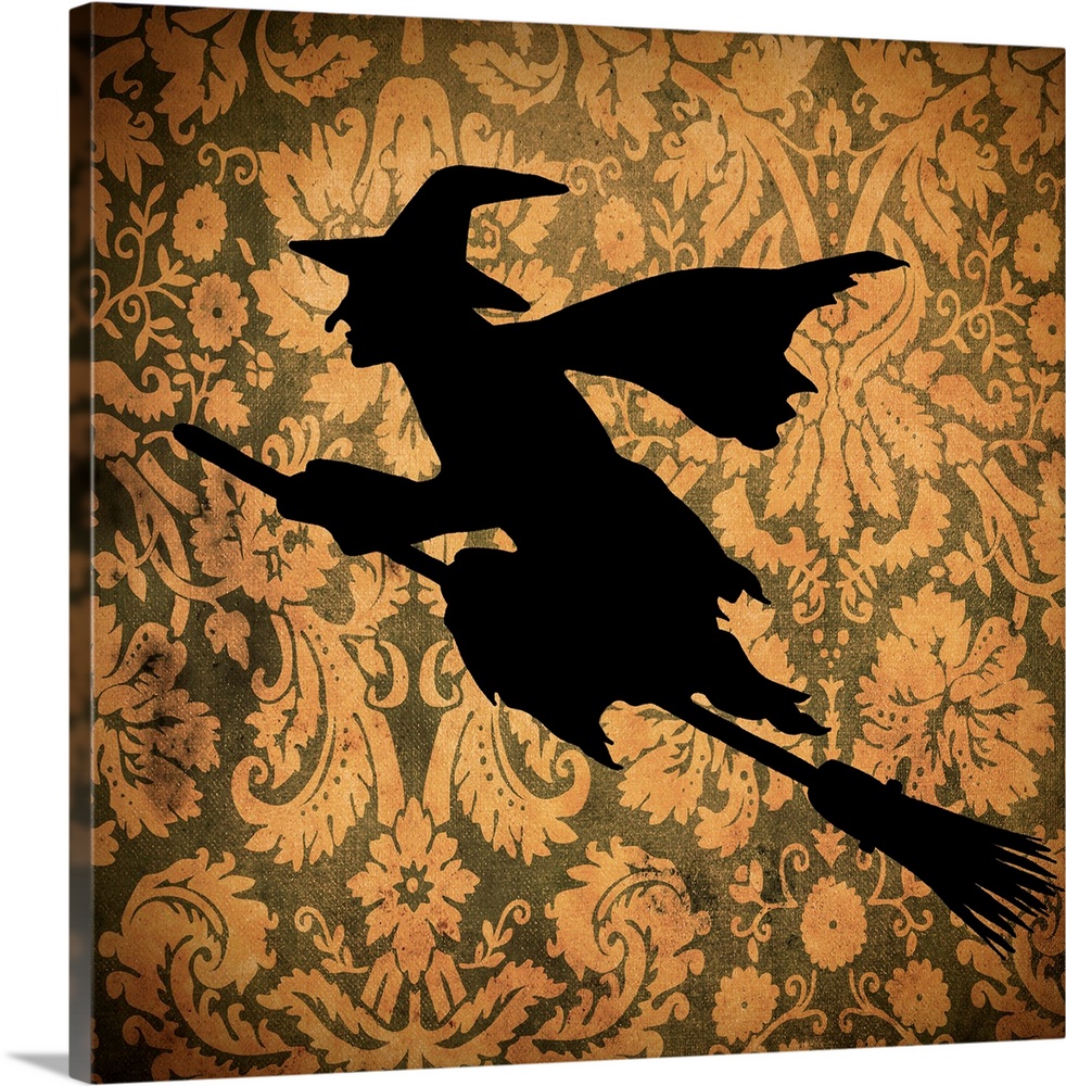 Silhouette of a witch on an orange floral background.