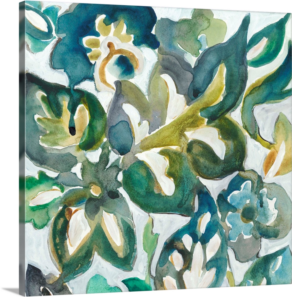 Square abstract painting of a modern interpretation of greenery in varies shades of green on a white backdrop.