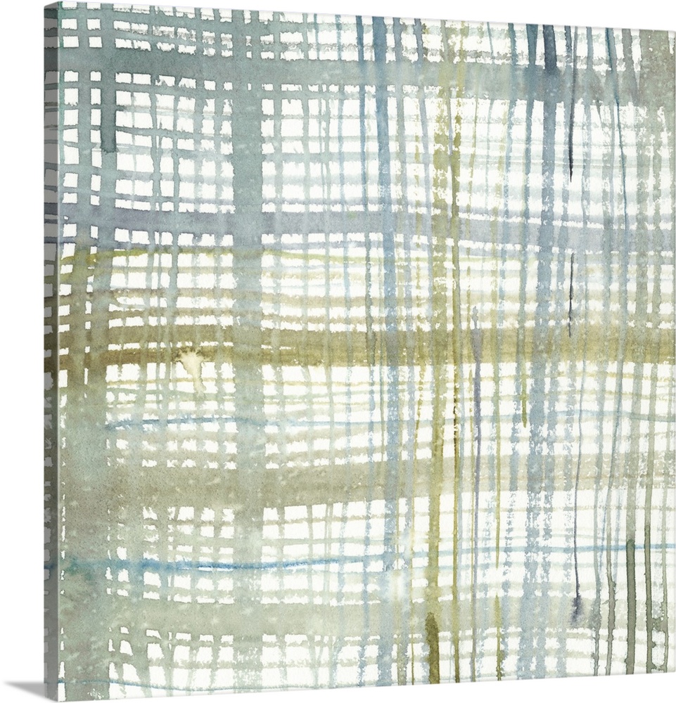 Square abstract painting of a vertical and horizontal lines intercepting in a plaid design, in varies shades of green on a...