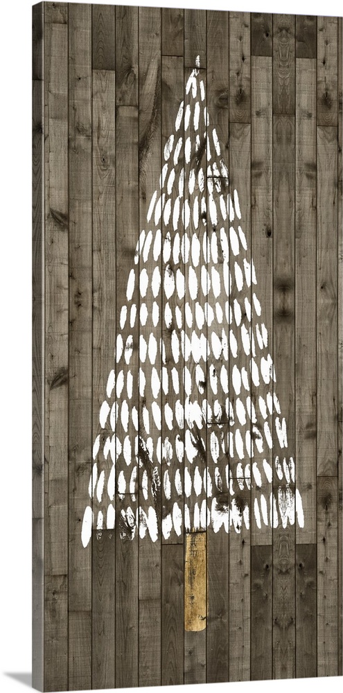A decorative design of a simple Christmas tree in white with gold accents on a wood backdrop.