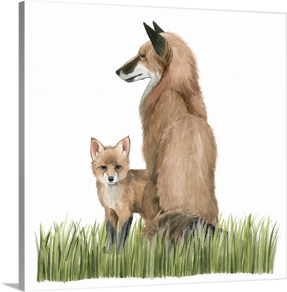 Watercolor portrait of a fox and its kit on a grassy landscape.