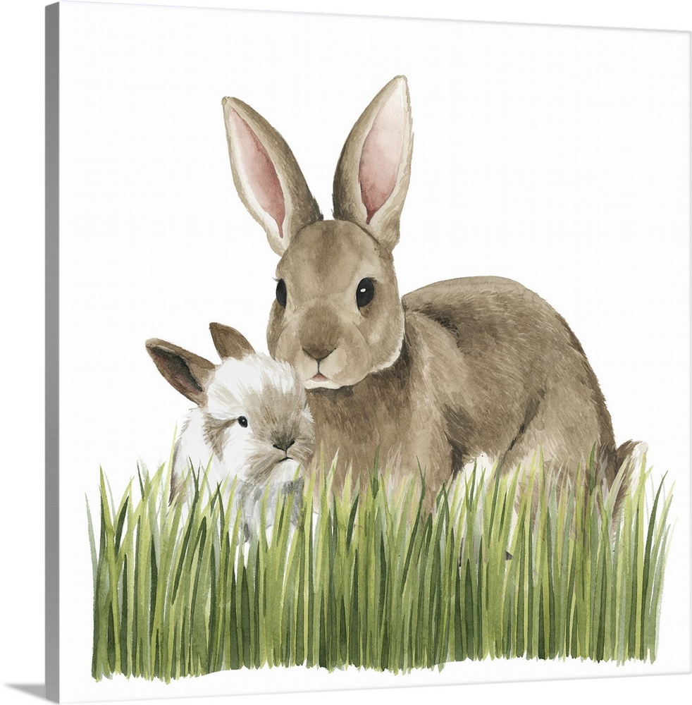 Watercolor portrait of a rabbit and its kit on a grassy landscape.