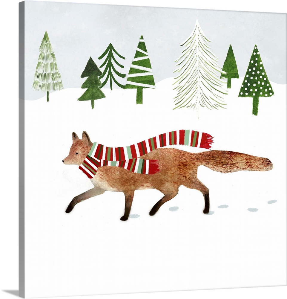 Whimsical woodland decor featuring a fox in a soft snowscape.