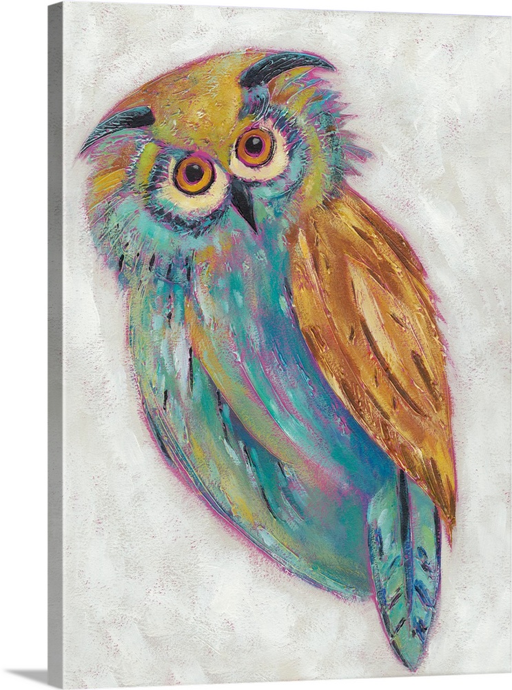 Children's illustration of a friendly owl in shades of teal and brown.