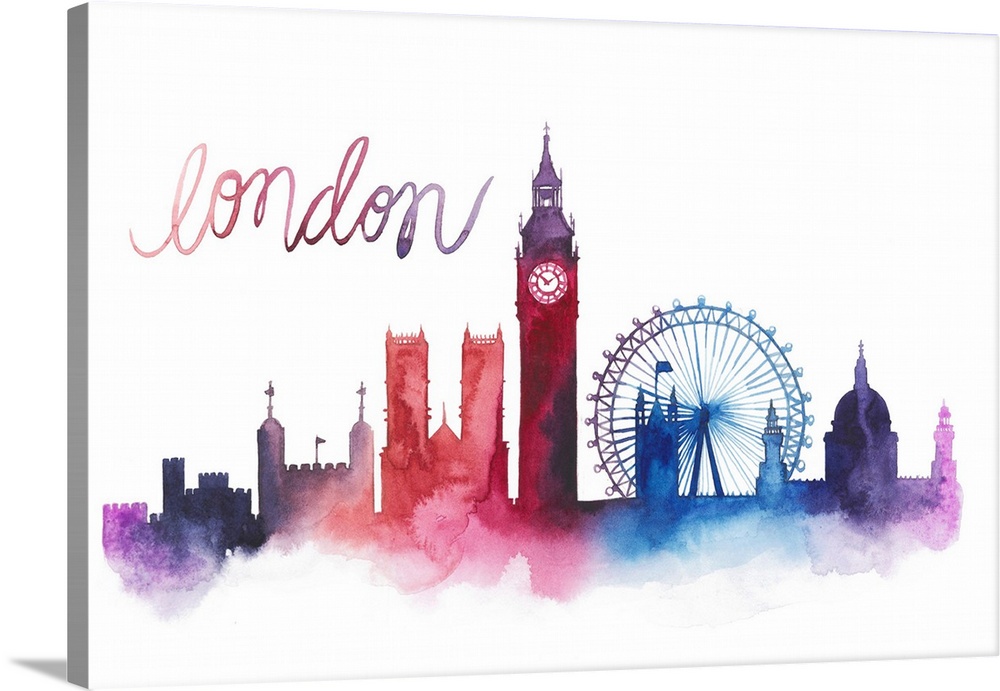 Contemporary watercolor skyline with the name in a whimsical handlettering.