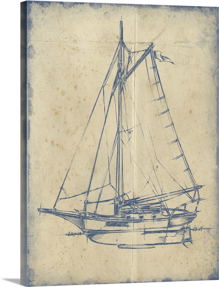 Blueprint style illustration of a yacht with large sails.