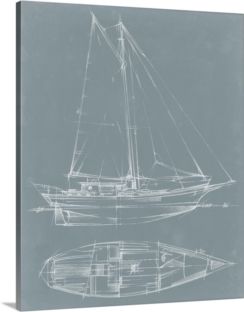 Blueprint-style diagram of a yacht.