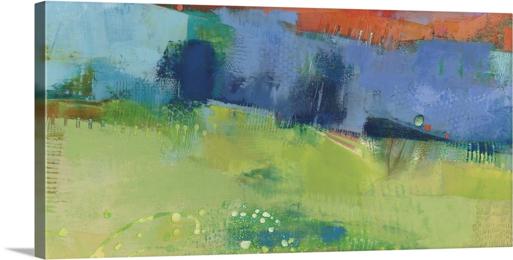 Abstract modern art print in cheerful shades of blue, orange, and green.
