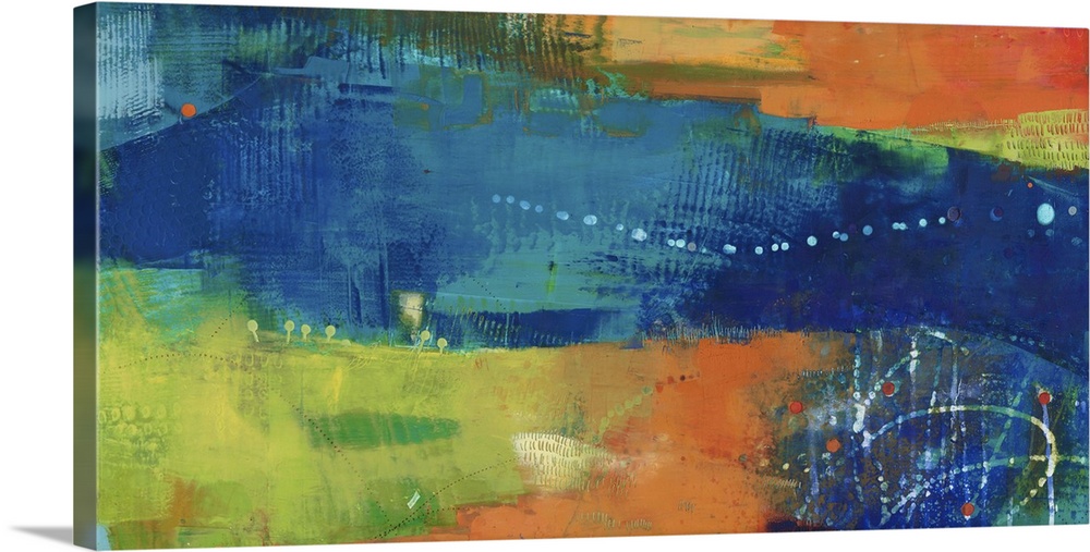 Abstract modern art print in cheerful shades of blue, orange, and green.