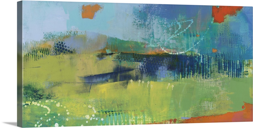 Abstract modern art print in cheerful shades of blue, orange, and green.