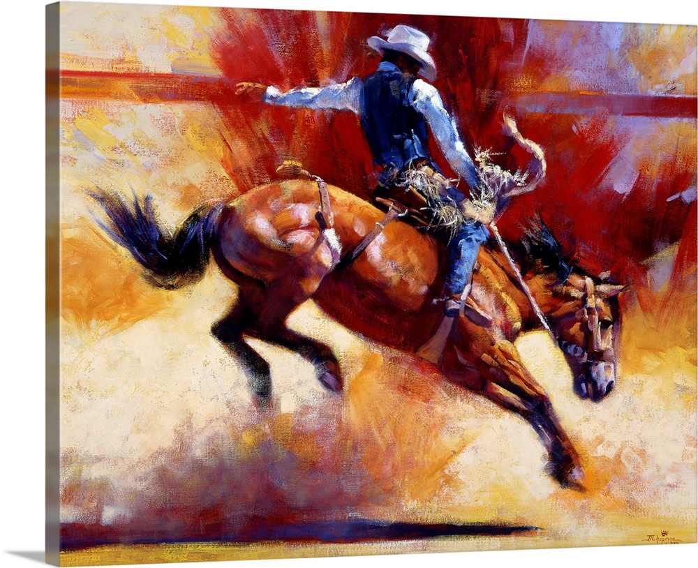 Contemporary painting of a cowboy riding a horse that is in mid action throwing up dust on canvas.